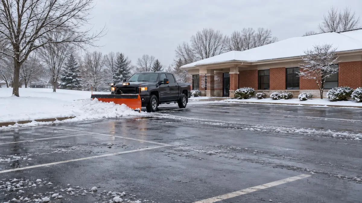 Plow truck clearing a commercial parking lot in front of a brick office building